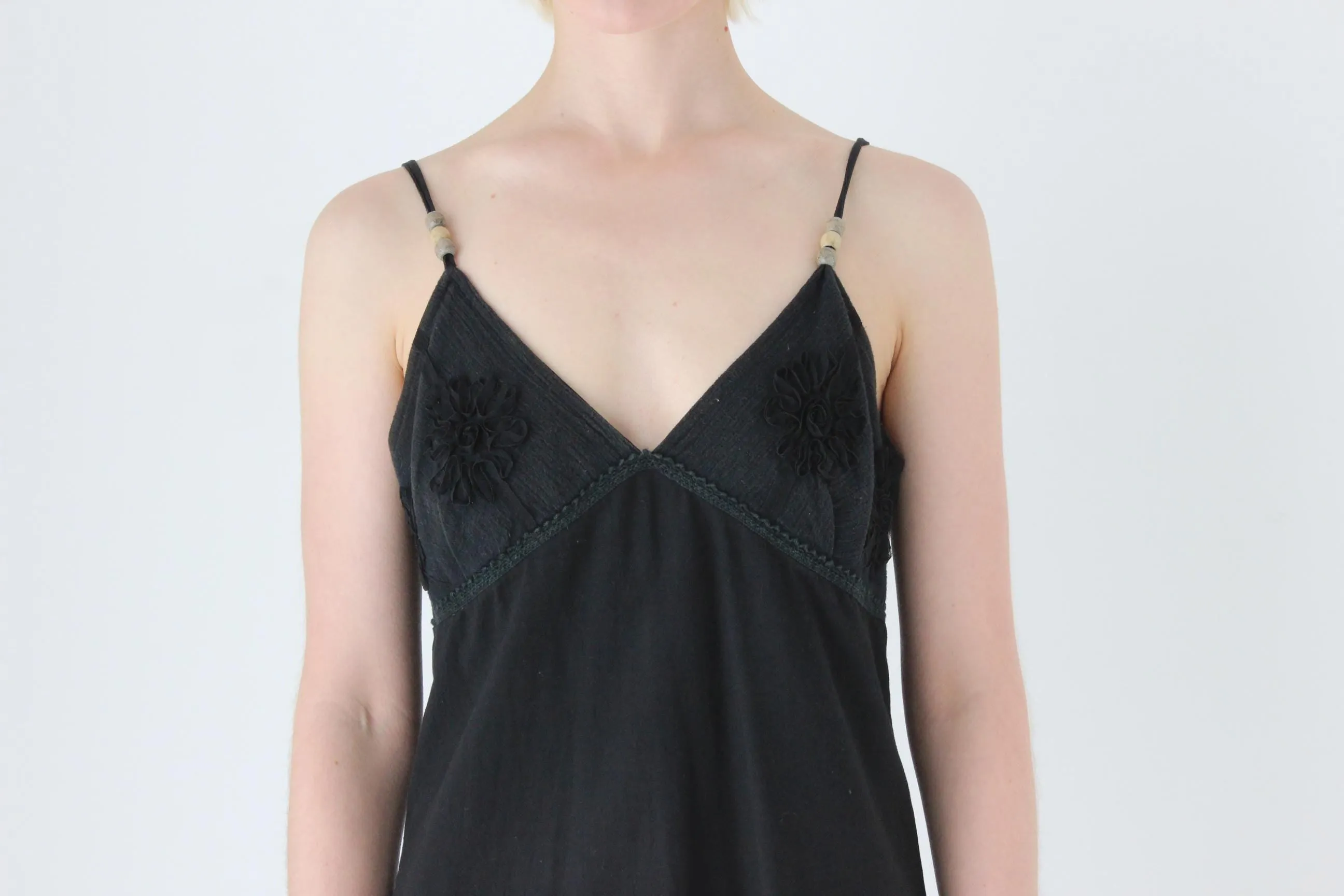 90s Linen Slip Dress w/ Embroidered Flower Bust