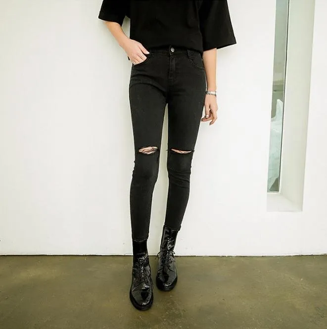 Above Knee Ripped Holes Black Stretchy Pants