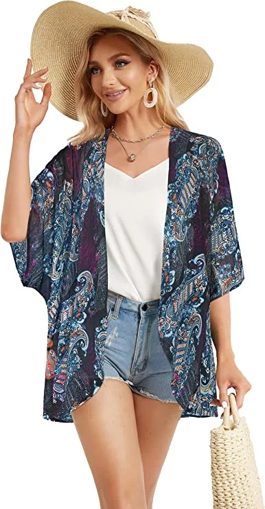 Black Adeline Women's Floral Print Puff Sleeve Kimono Cardigan Loose Cover Up Casual Blouse Tops - Chicgal
