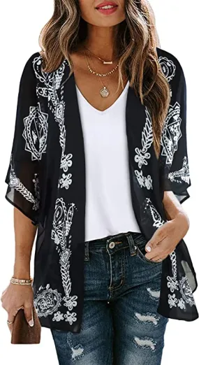 Black Adeline Women's Floral Print Puff Sleeve Kimono Cardigan Loose Cover Up Casual Blouse Tops - Chicgal