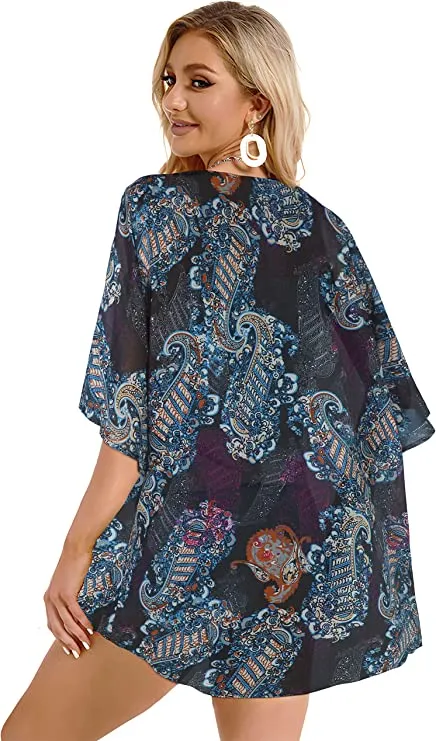 Black Adeline Women's Floral Print Puff Sleeve Kimono Cardigan Loose Cover Up Casual Blouse Tops - Chicgal
