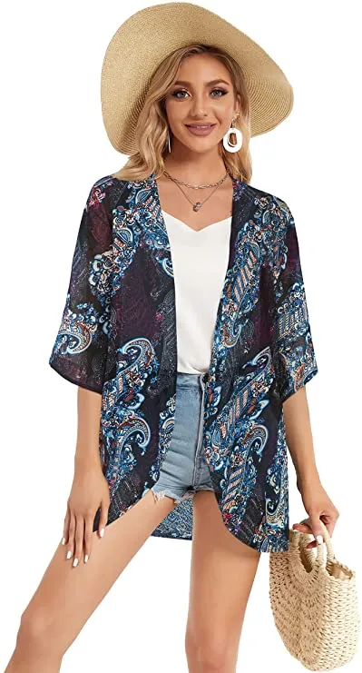 Black Adeline Women's Floral Print Puff Sleeve Kimono Cardigan Loose Cover Up Casual Blouse Tops - Chicgal