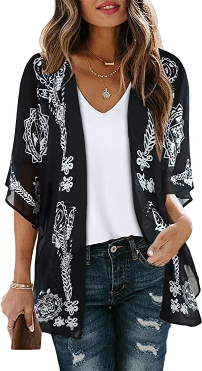 Black Adeline Women's Floral Print Puff Sleeve Kimono Cardigan Loose Cover Up Casual Blouse Tops - Chicgal