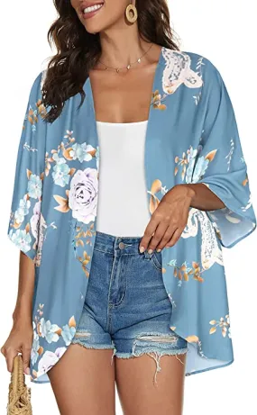 Blue Grey Women's Floral Print Puff Sleeve Kimono Cardigan Loose Cover Up Casual Blouse Tops - Chicgal