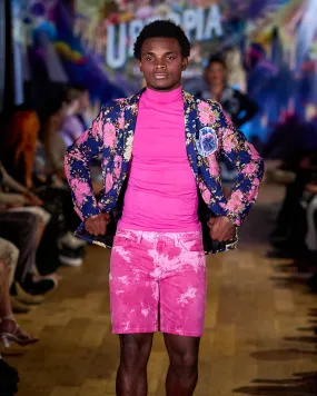 Blue jacket with Pink Hand Painted Flowers