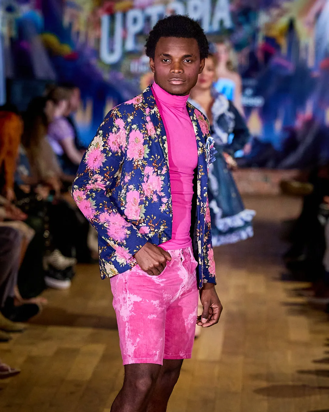 Blue jacket with Pink Hand Painted Flowers
