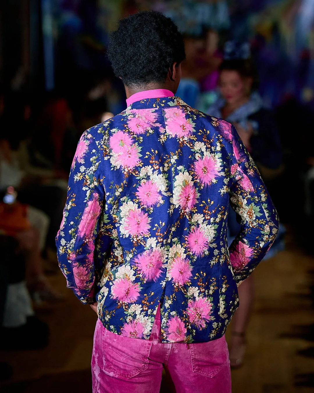 Blue jacket with Pink Hand Painted Flowers