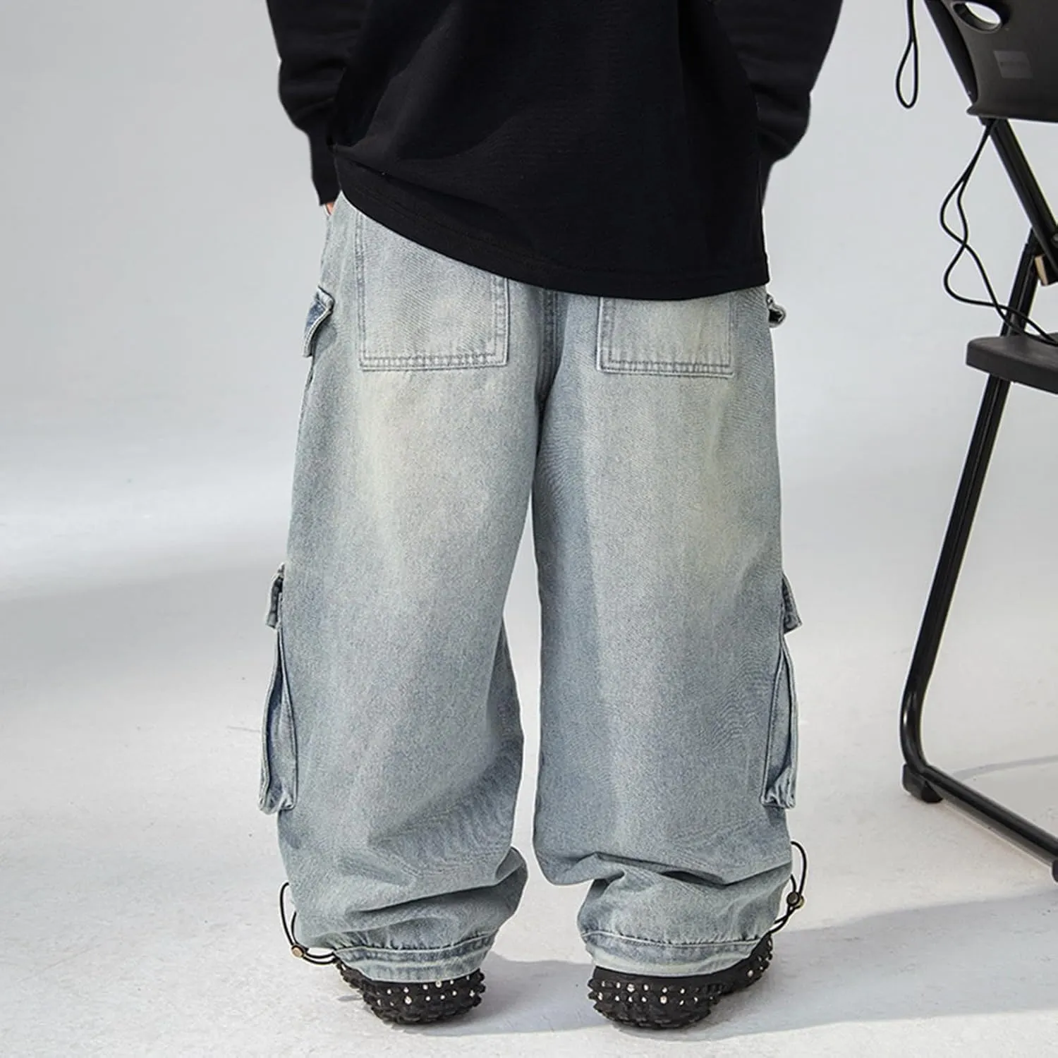 Boys Cargo Jeans Baggy Trousers Wide Leg Jeans Demin Pants with Pockets Kids Casual Distressed Denim Pants