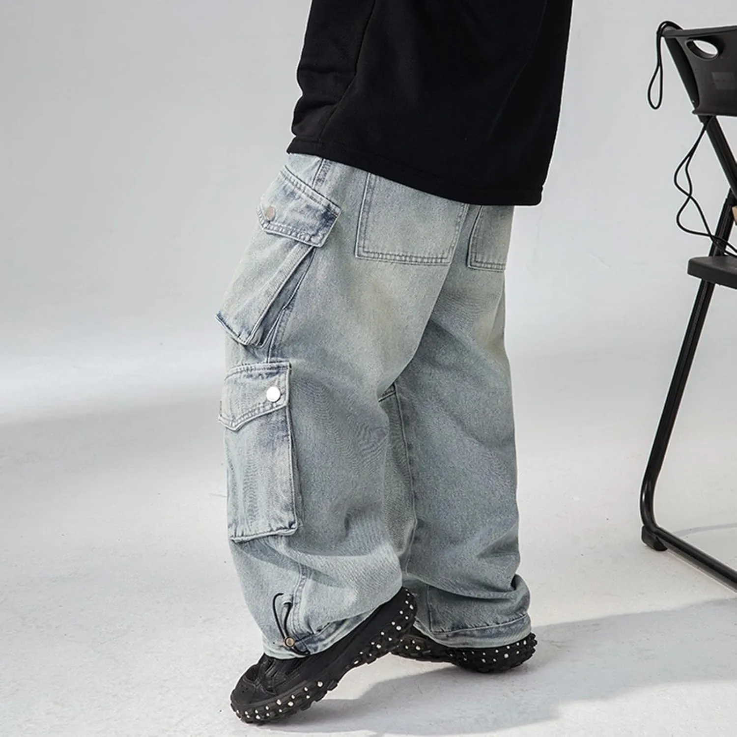 Boys Cargo Jeans Baggy Trousers Wide Leg Jeans Demin Pants with Pockets Kids Casual Distressed Denim Pants
