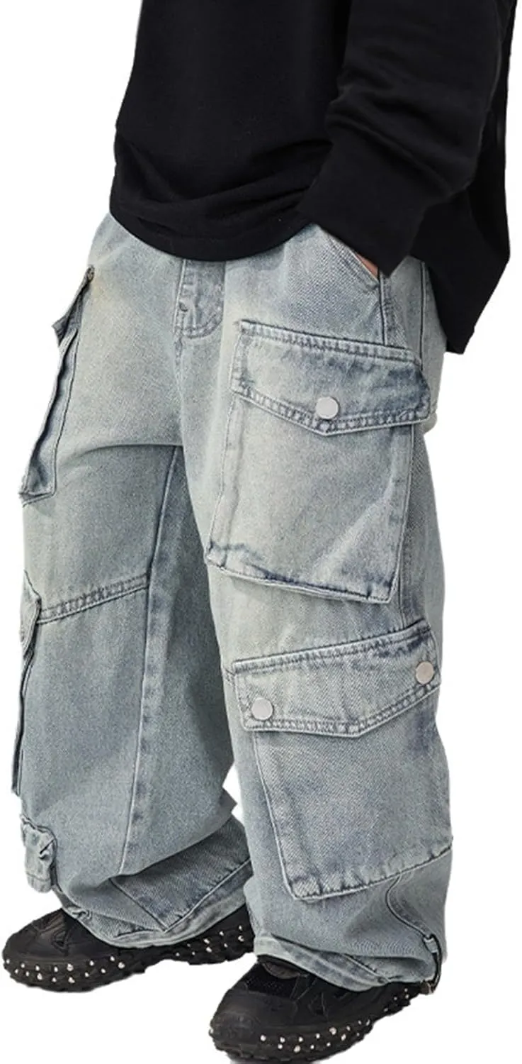 Boys Cargo Jeans Baggy Trousers Wide Leg Jeans Demin Pants with Pockets Kids Casual Distressed Denim Pants