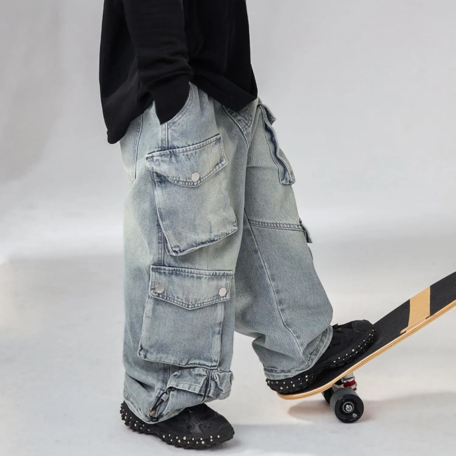 Boys Cargo Jeans Baggy Trousers Wide Leg Jeans Demin Pants with Pockets Kids Casual Distressed Denim Pants