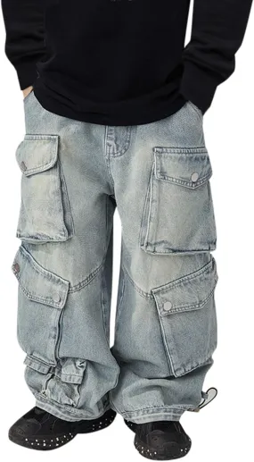 Boys Cargo Jeans Baggy Trousers Wide Leg Jeans Demin Pants with Pockets Kids Casual Distressed Denim Pants