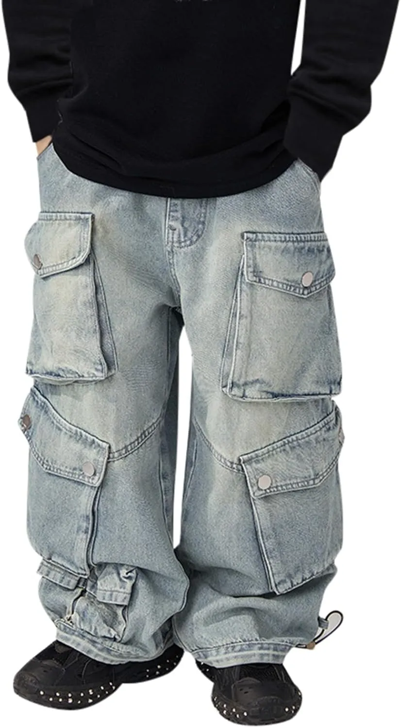 Boys Cargo Jeans Baggy Trousers Wide Leg Jeans Demin Pants with Pockets Kids Casual Distressed Denim Pants