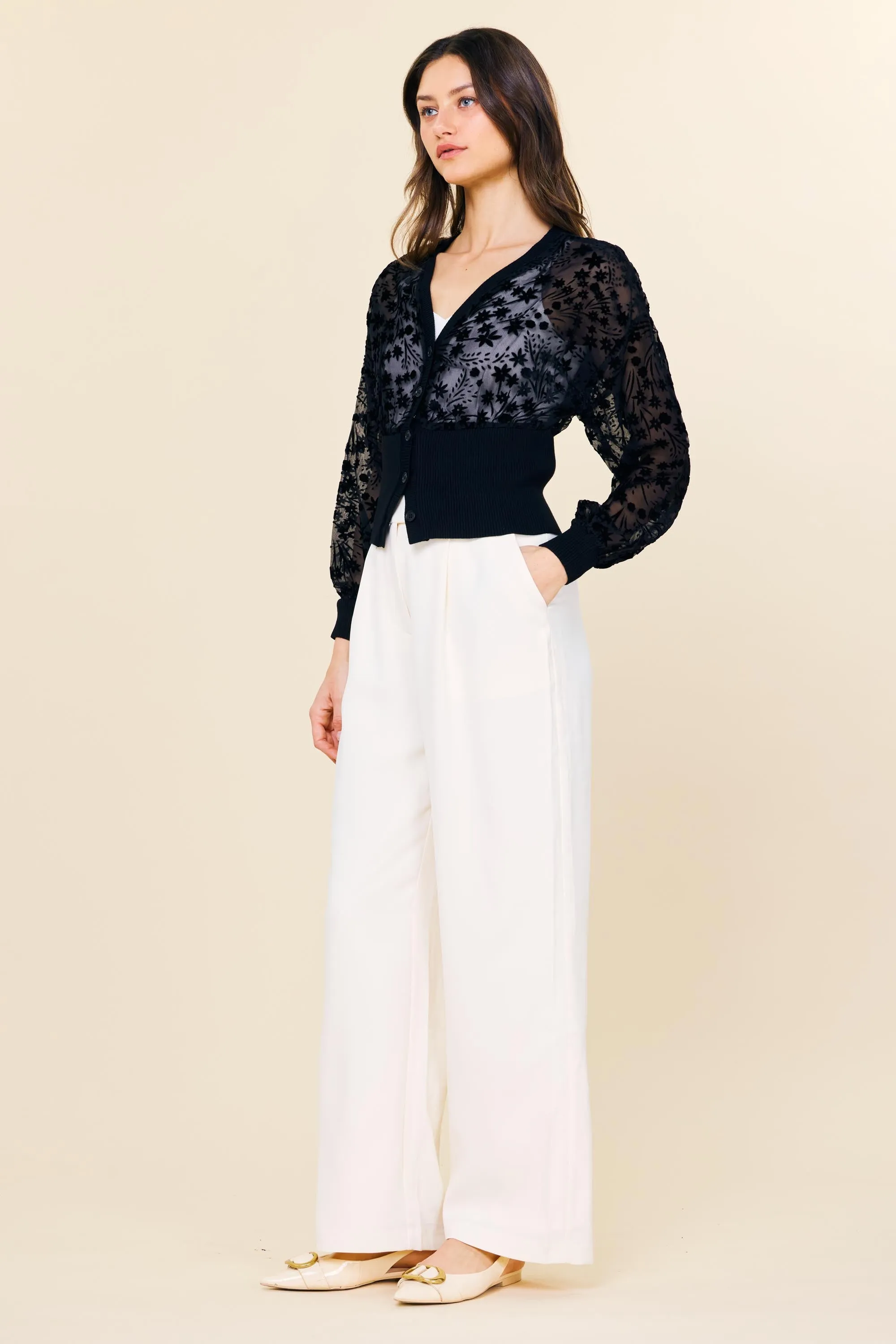 Burnout Velvet Floral Motif Cardigan