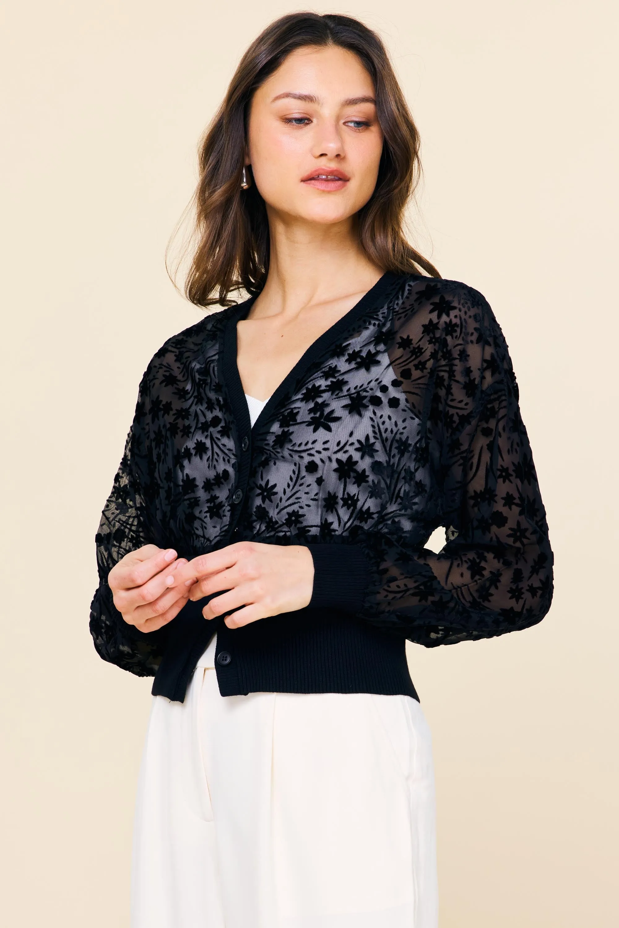 Burnout Velvet Floral Motif Cardigan