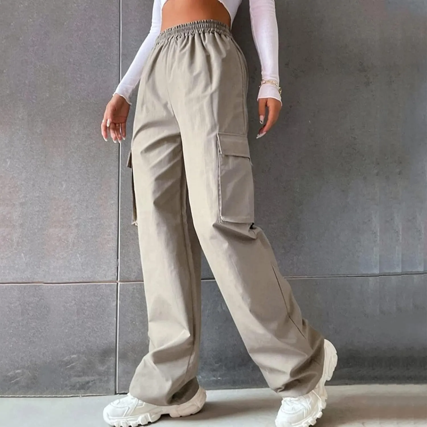 Casual Work Pants Women Women's Belt Less High Waisted Wide Leg Trousers Straight Leg Relaxed Style Trousers