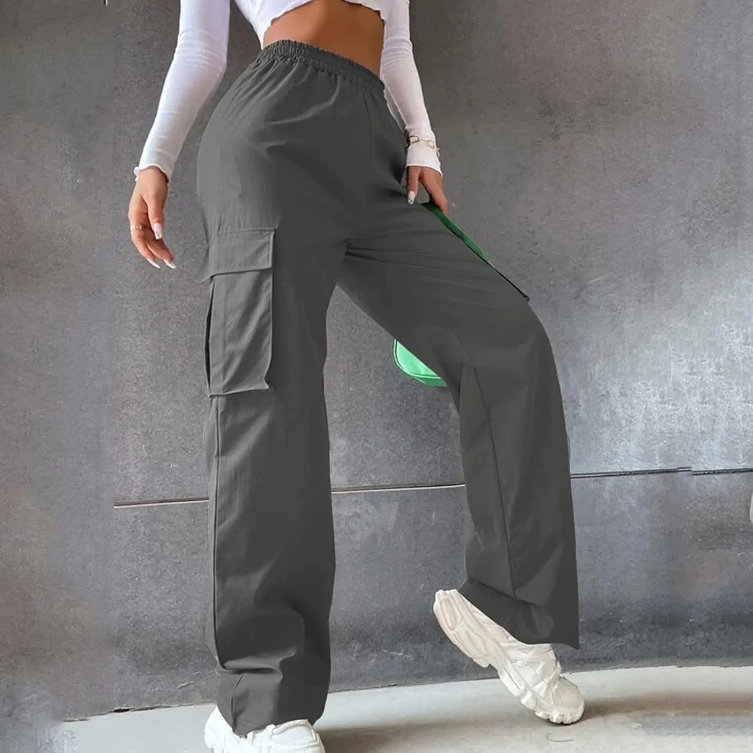 Casual Work Pants Women Women's Belt Less High Waisted Wide Leg Trousers Straight Leg Relaxed Style Trousers