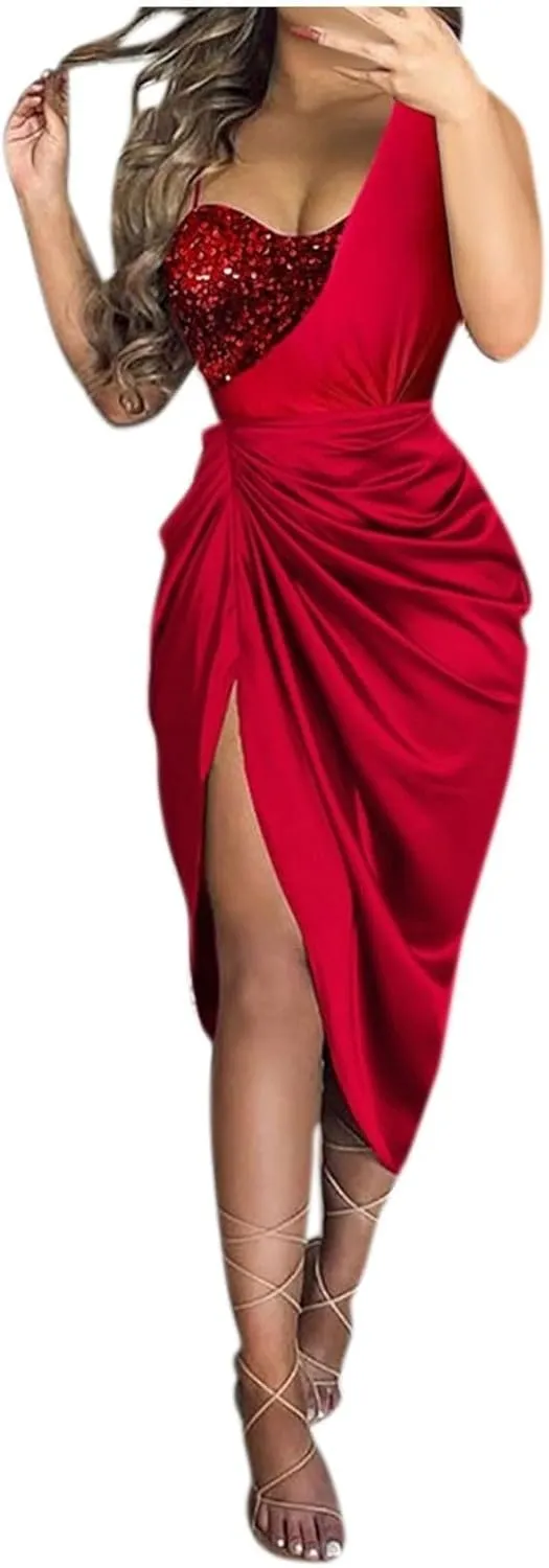 Cocktail Dress for Women,2024 Elegant Sexy Skinny Wedding Guest Dress,Trendy Ruched Slit Irregular Party Dress