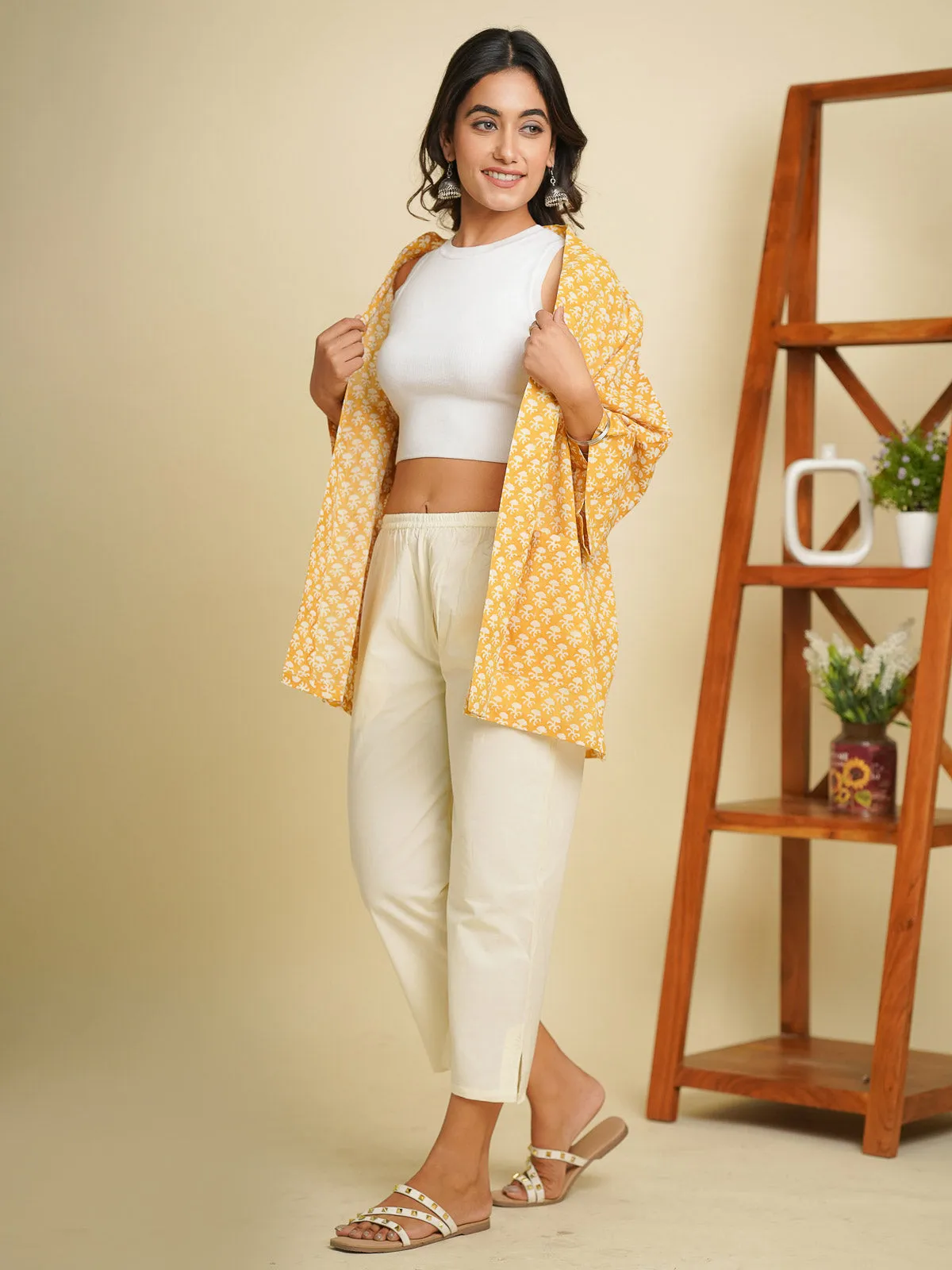 Cotton Printed Relaxed Shrug Yellow
