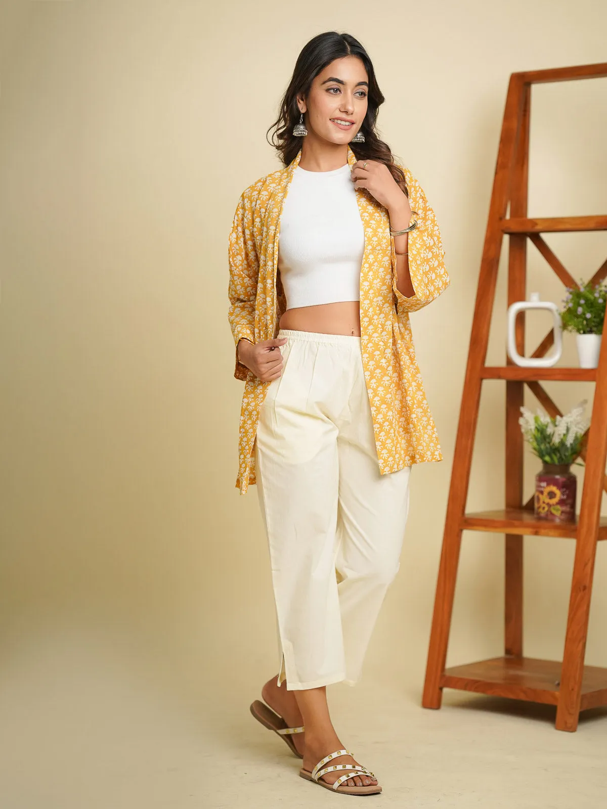 Cotton Printed Relaxed Shrug Yellow