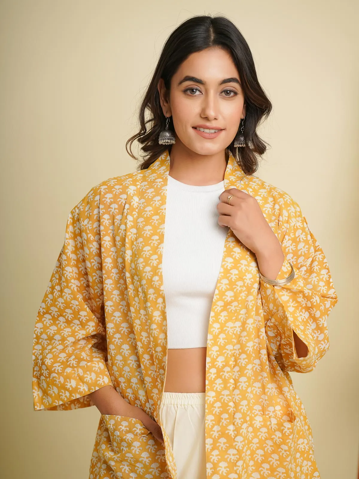 Cotton Printed Relaxed Shrug Yellow