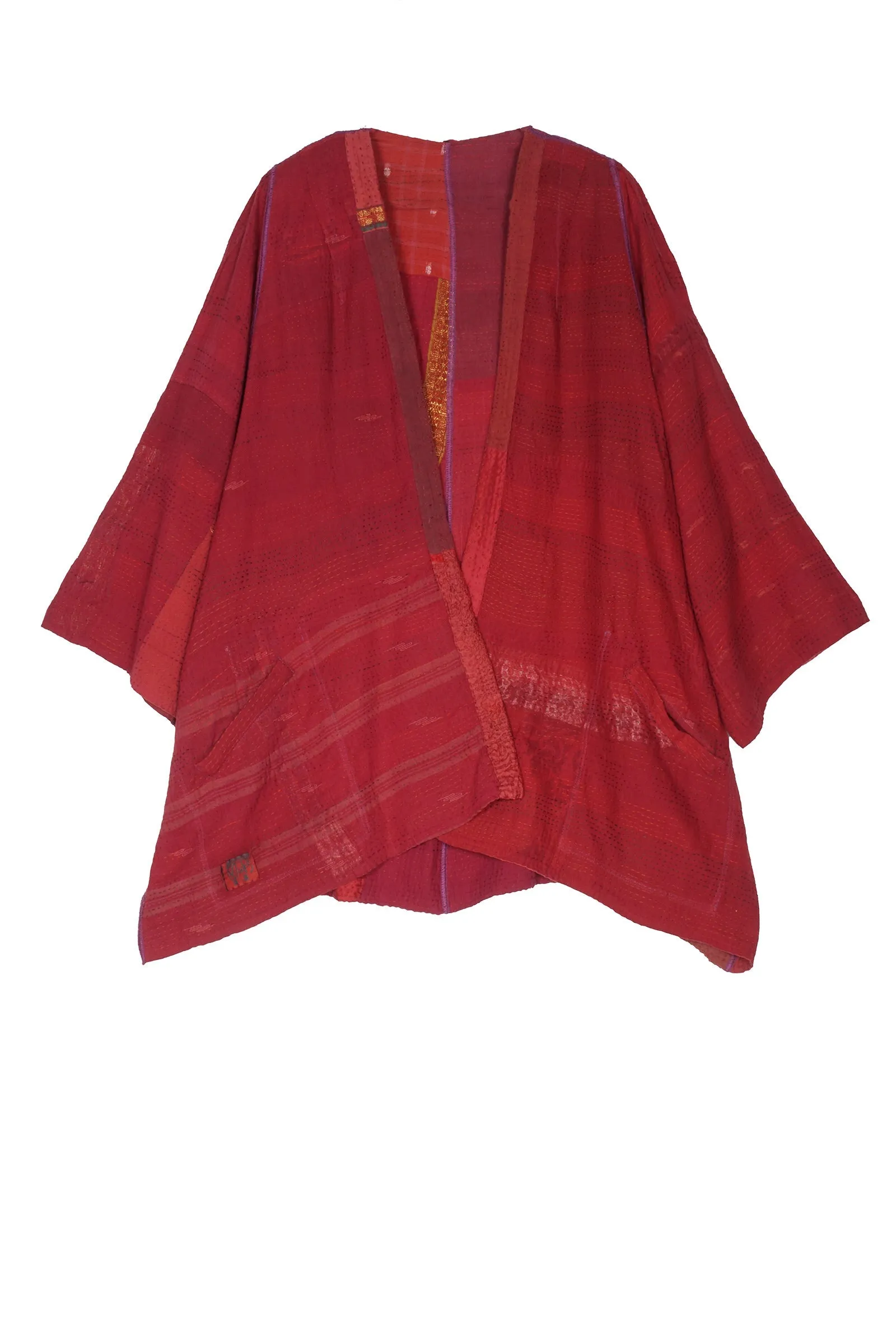 COTTON SILK SW PATCH KANTHA BELL SHAPE LONG JKT - ws2051-red -