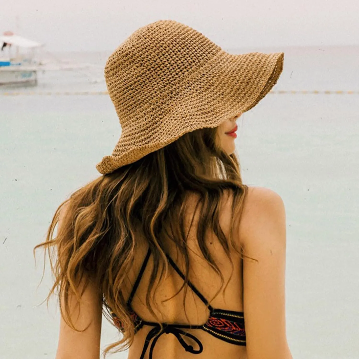 Crochet Straw Sun Hat for Women Floppy Beach Sun Hat Soft Large Lady Bucket Hat Foldable Travel Summer Medium