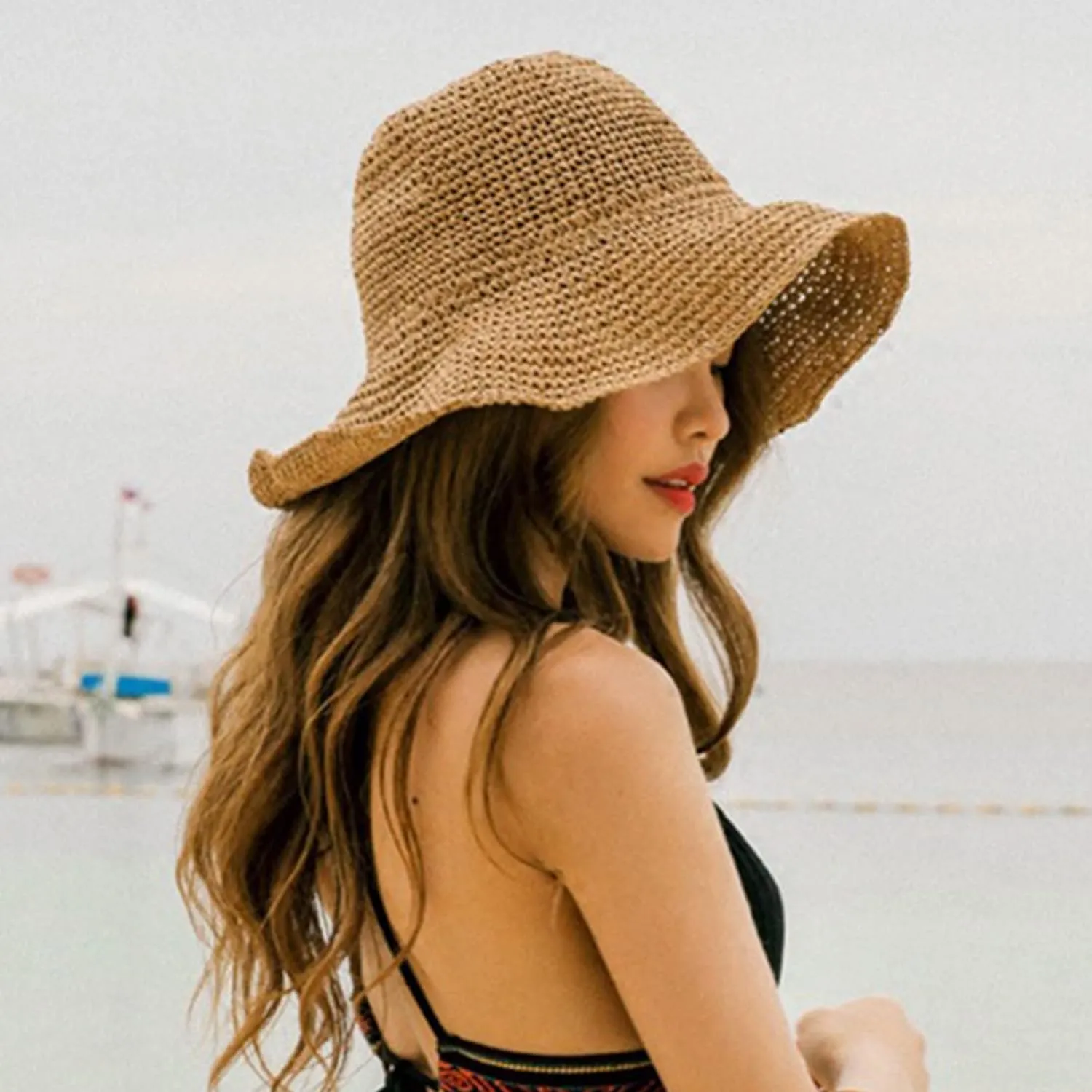 Crochet Straw Sun Hat for Women Floppy Beach Sun Hat Soft Large Lady Bucket Hat Foldable Travel Summer Medium
