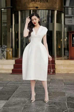 DIAMONDE V-NECK MIDI WHITE DRESS- Creusa