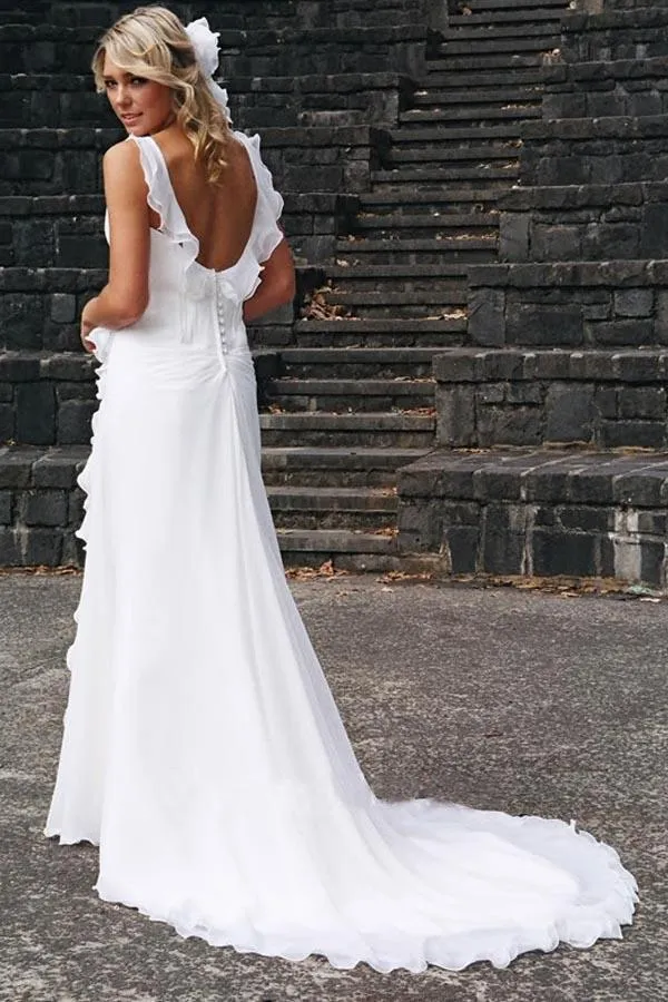Elegant Sheath V Neck Chiffon Ruffles Sleeveless Open Back Wedding SWK12142