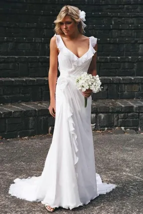 Elegant Sheath V Neck Chiffon Ruffles Sleeveless Open Back Wedding SWK12142