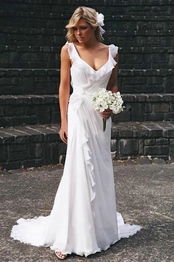 Elegant Sheath V Neck Chiffon Ruffles Sleeveless Open Back Wedding SWK12142