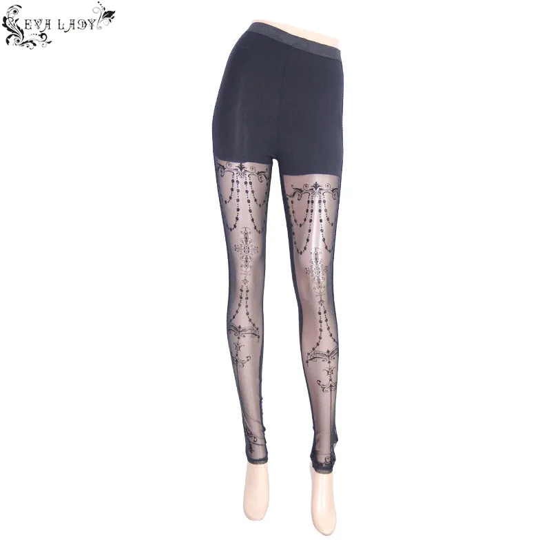 EPT003 witch elastic waistband flocking printed transparent stretchy mesh sexy women leggings