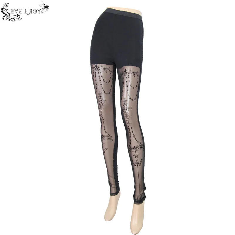 EPT003 witch elastic waistband flocking printed transparent stretchy mesh sexy women leggings
