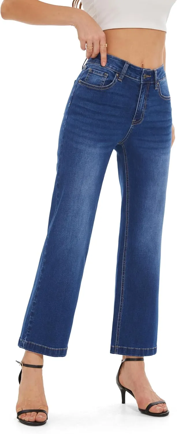 FLYING BANANA Women's Wide Leg Cropped High Waisted Stretchy Trendy Jeans Baggy Denim Pants