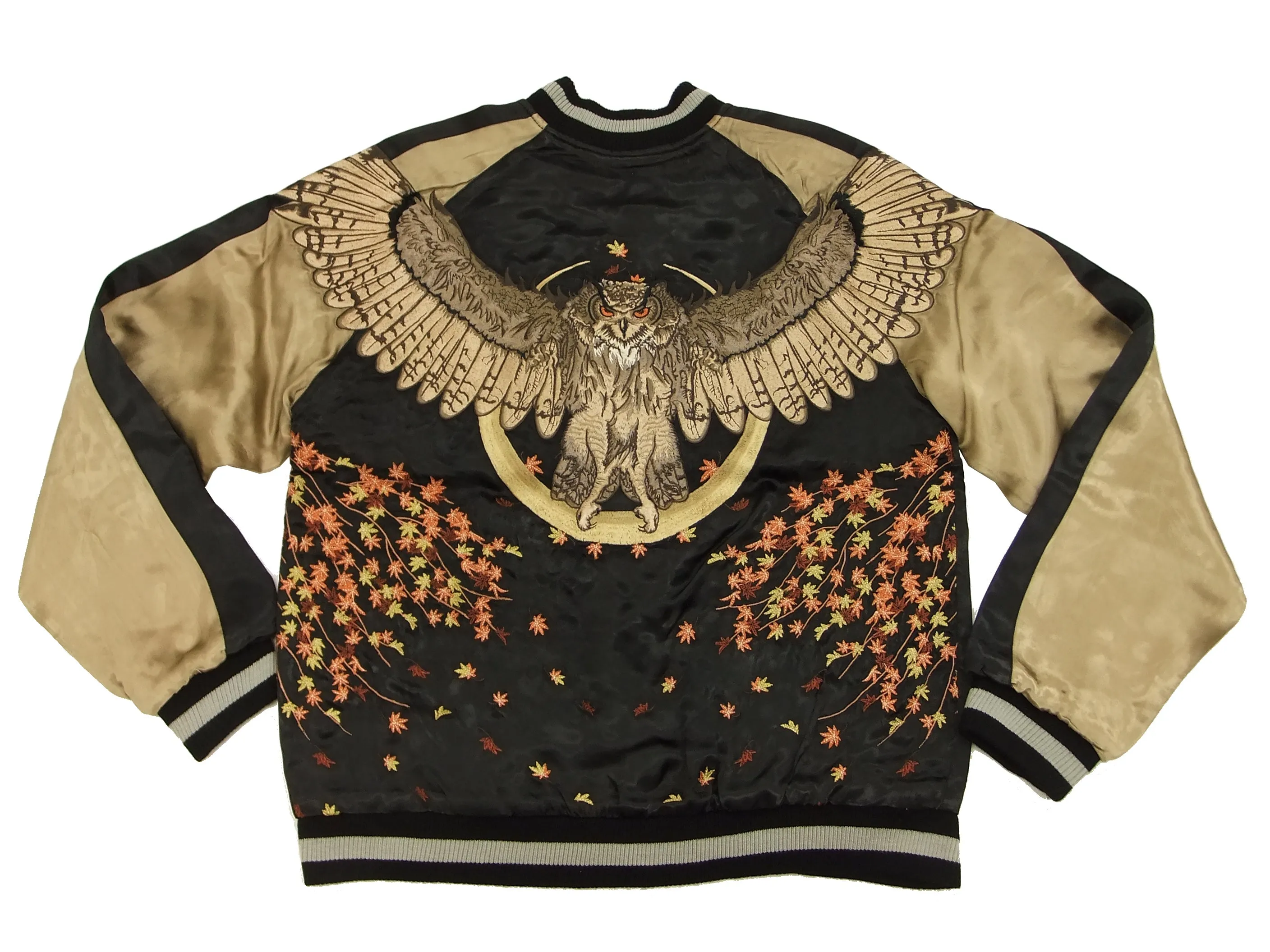 Hanatabi Gakudan Men's Japanese Souvenir Jacket Owl and Autumn Leaves Sukajan Script SKJ-179