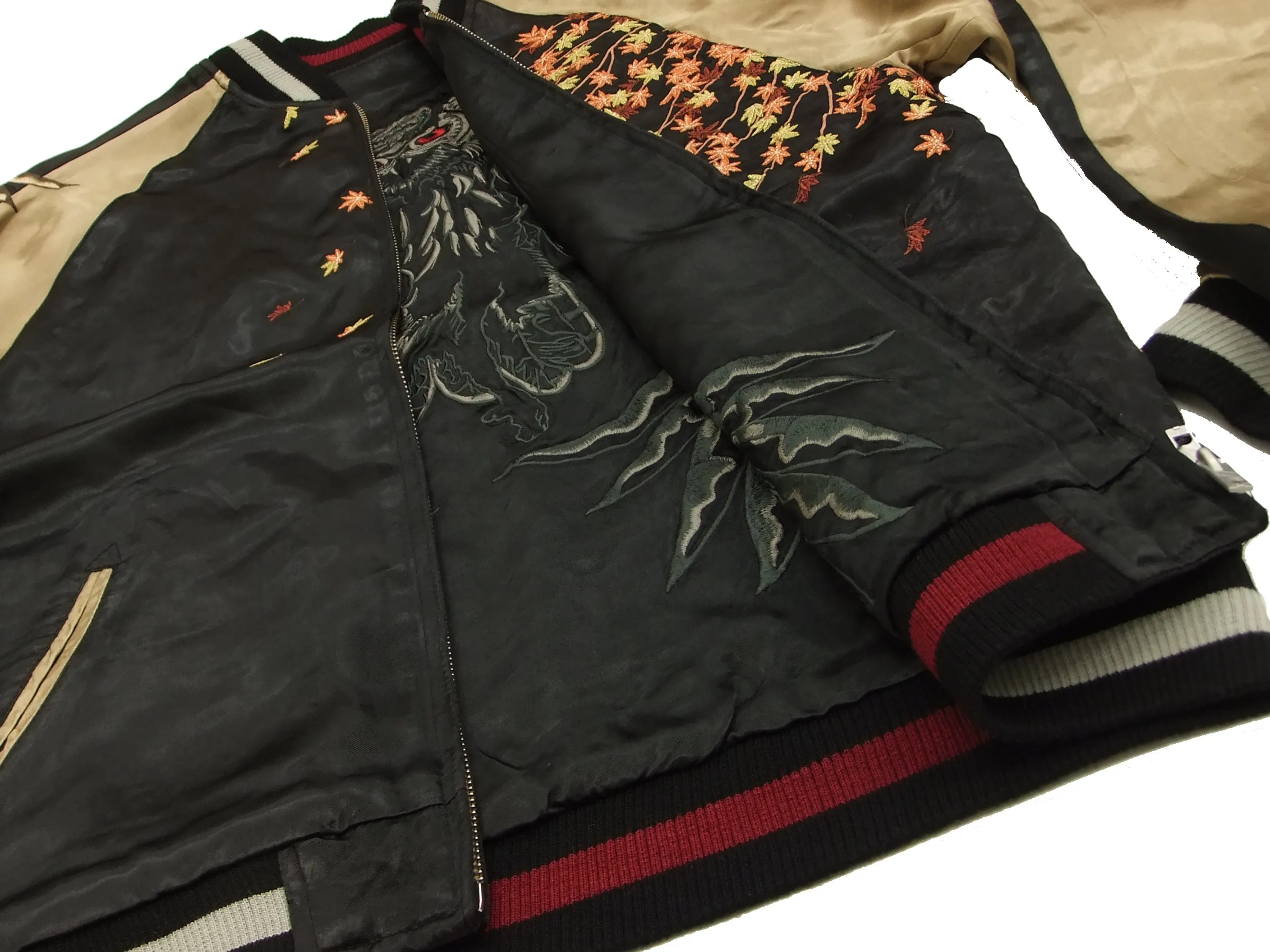 Hanatabi Gakudan Men's Japanese Souvenir Jacket Owl and Autumn Leaves Sukajan Script SKJ-179