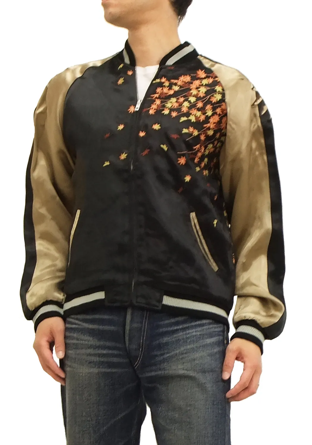 Hanatabi Gakudan Men's Japanese Souvenir Jacket Owl and Autumn Leaves Sukajan Script SKJ-179