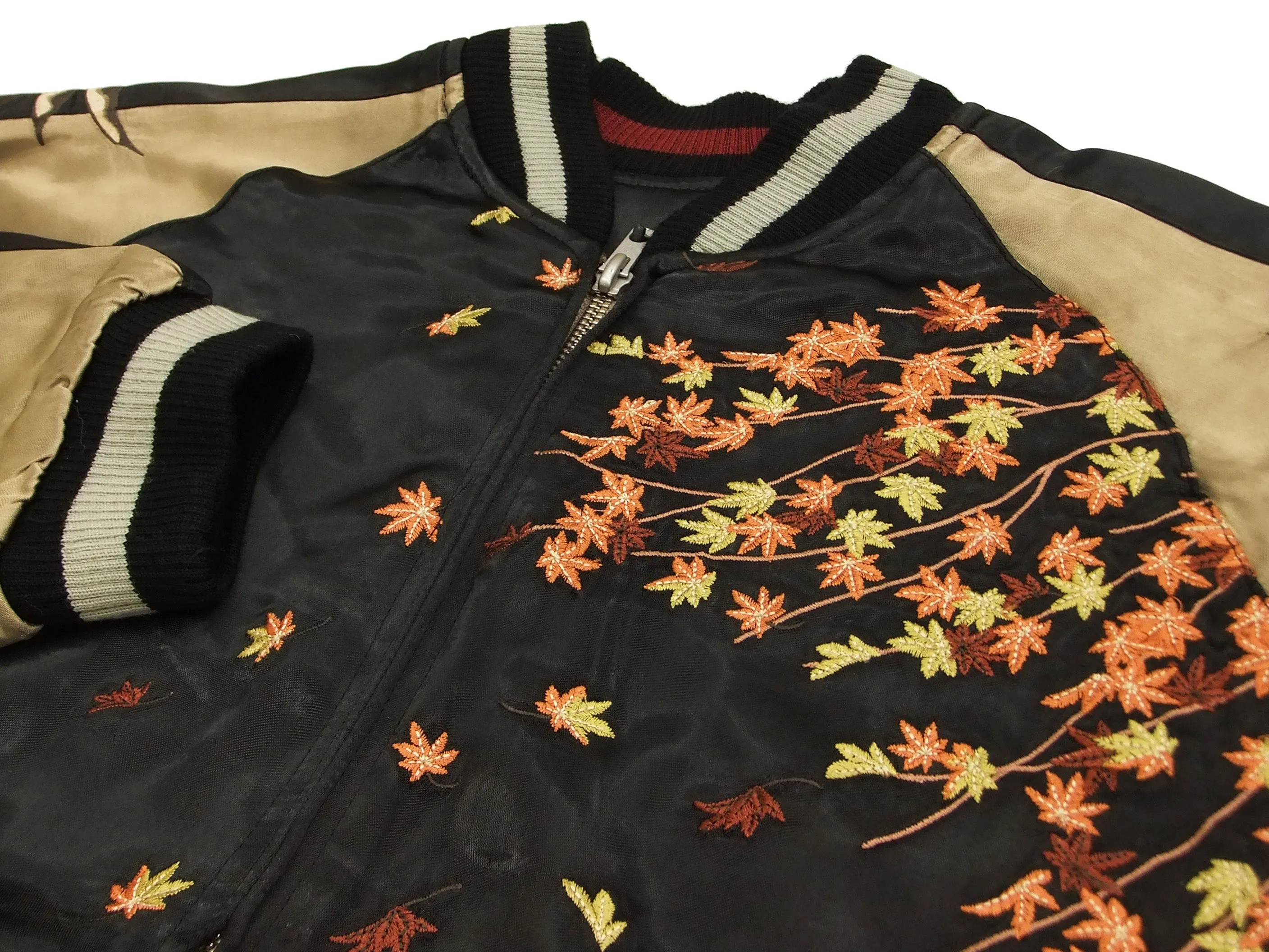 Hanatabi Gakudan Men's Japanese Souvenir Jacket Owl and Autumn Leaves Sukajan Script SKJ-179