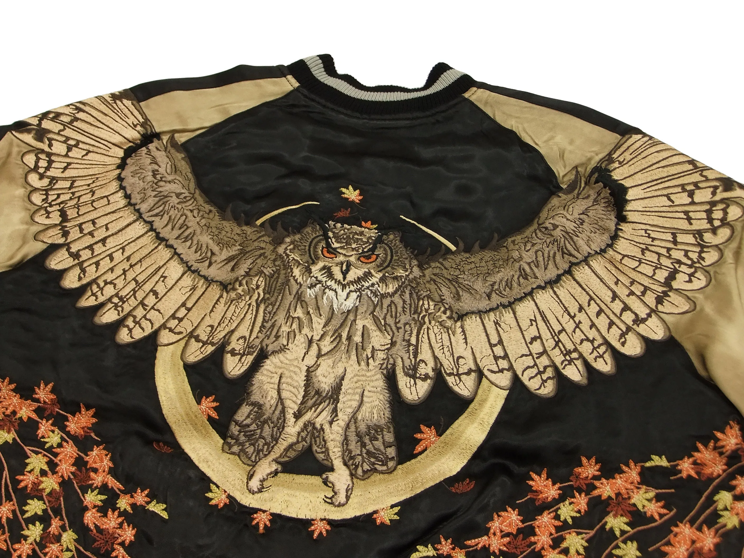 Hanatabi Gakudan Men's Japanese Souvenir Jacket Owl and Autumn Leaves Sukajan Script SKJ-179