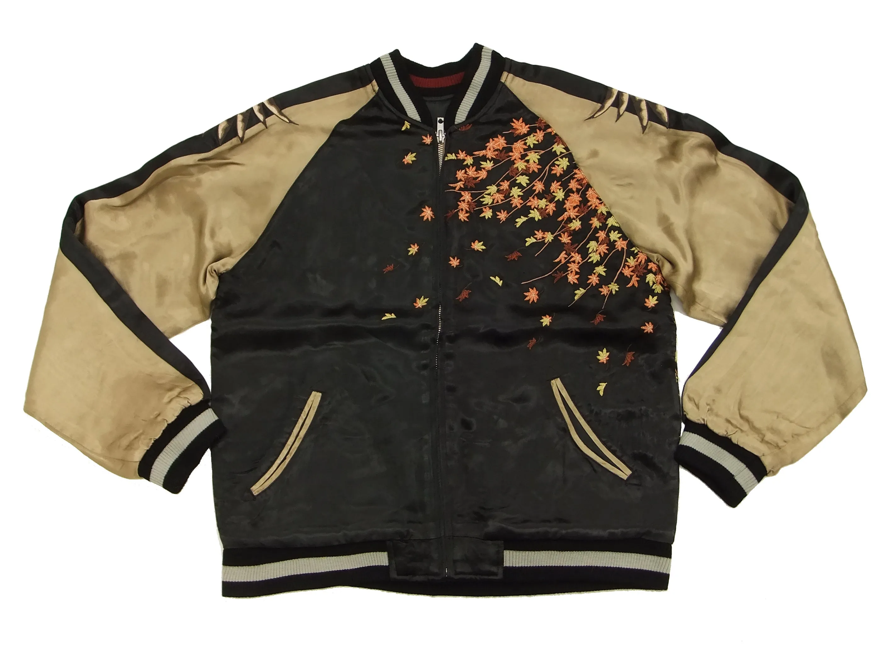 Hanatabi Gakudan Men's Japanese Souvenir Jacket Owl and Autumn Leaves Sukajan Script SKJ-179