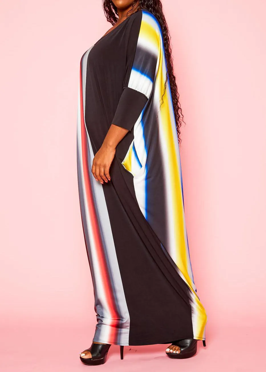 Hi Curvy Plus Size Women Gradient Pattern Splice Caftan Maxi Dress With Pockets