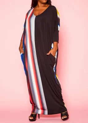 Hi Curvy Plus Size Women Gradient Pattern Splice Caftan Maxi Dress With Pockets