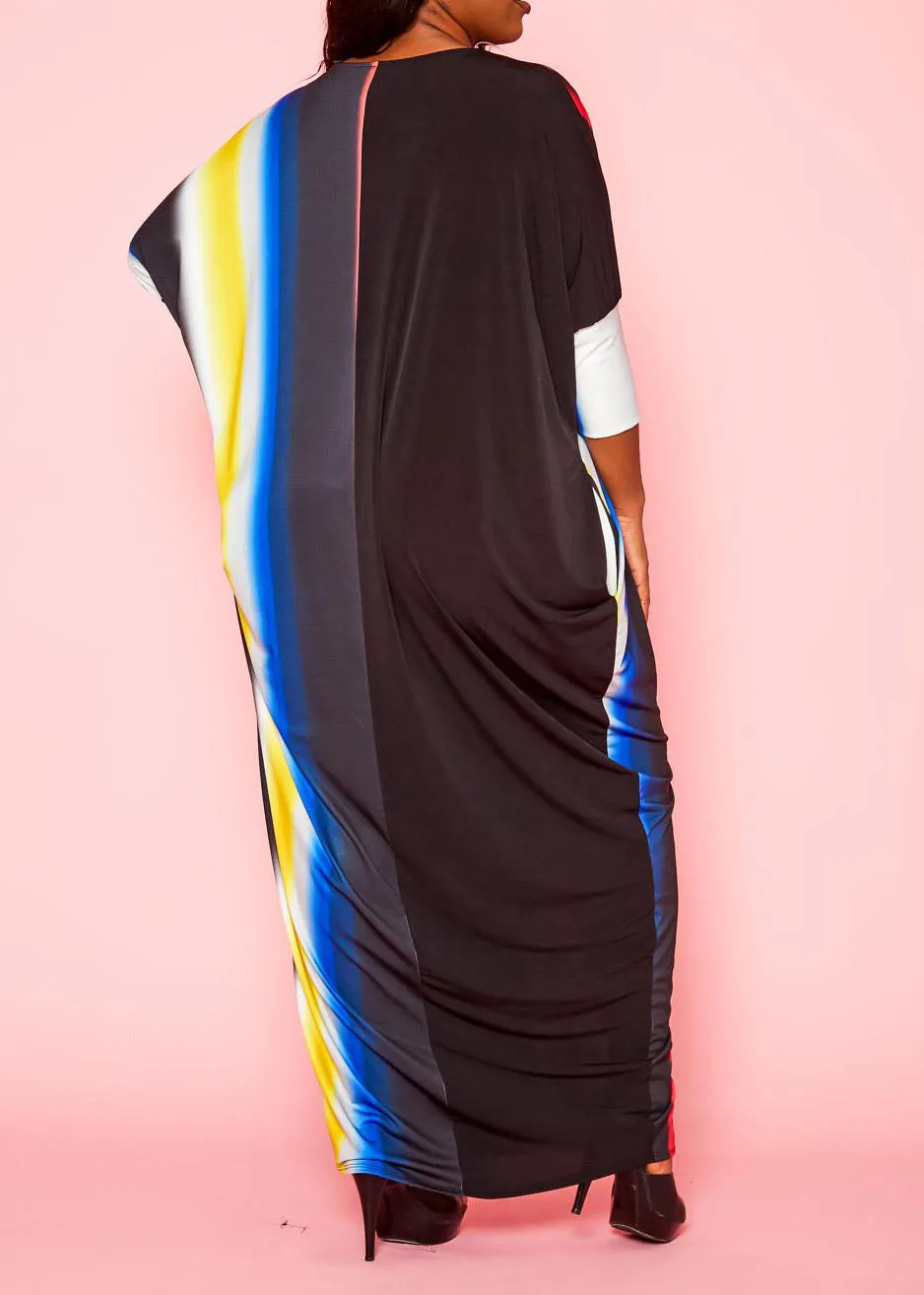 Hi Curvy Plus Size Women Gradient Pattern Splice Caftan Maxi Dress With Pockets