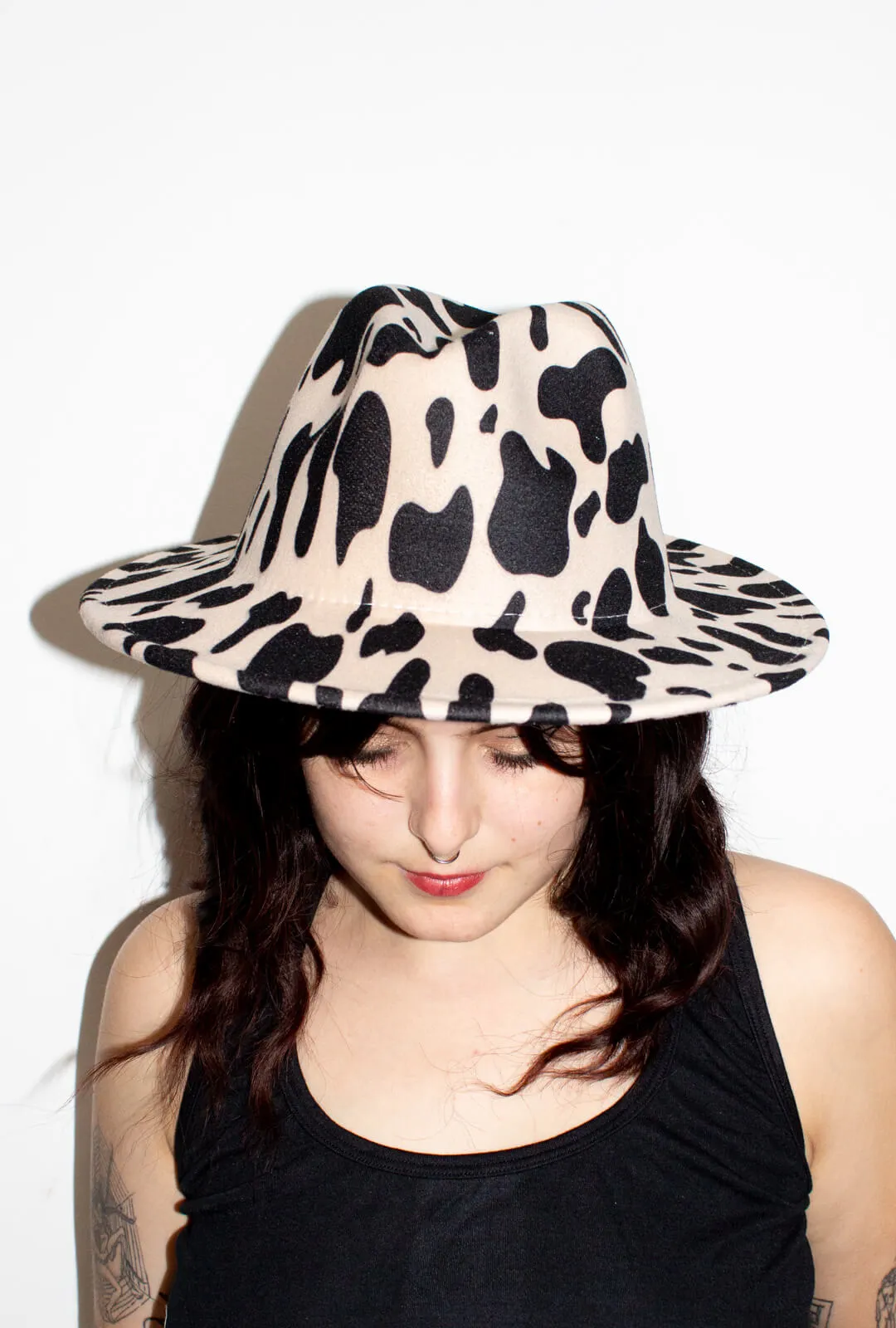 Ivory Cow Print Fedora Hat