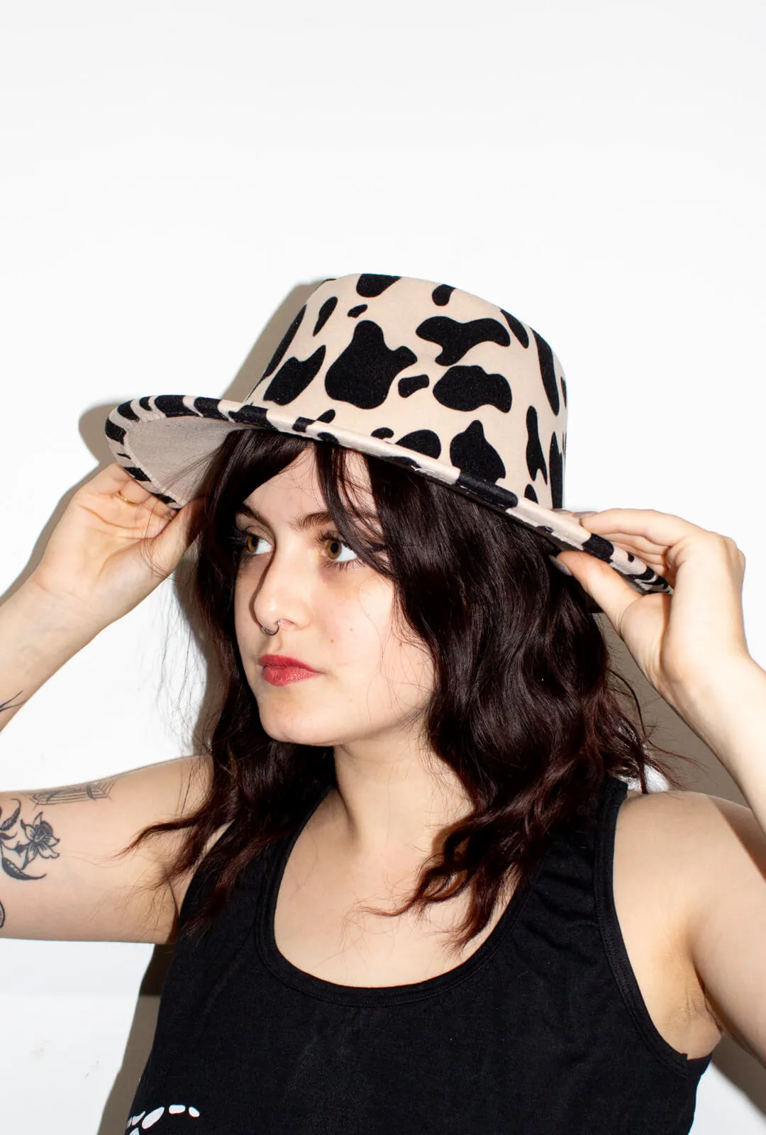 Ivory Cow Print Fedora Hat