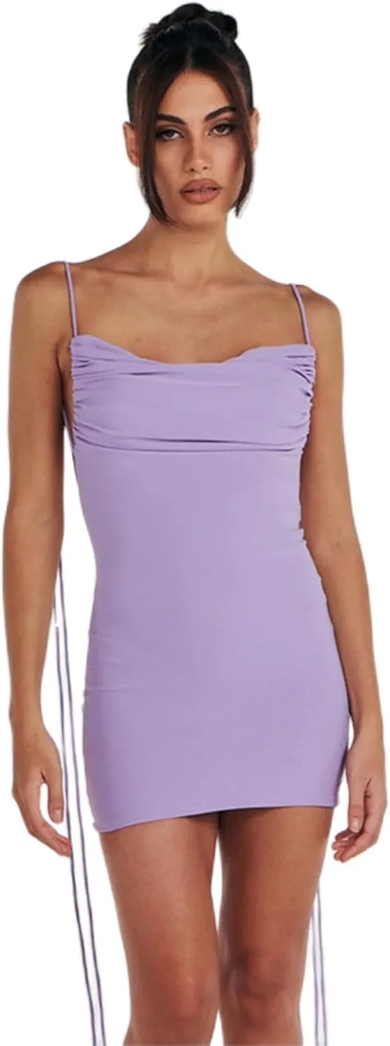 JUMISEE Women Sexy Backless Draped Mini Dress Elegant Sleeveless Spaghetti Strap Bodycon Evening Dress Club Party Dress