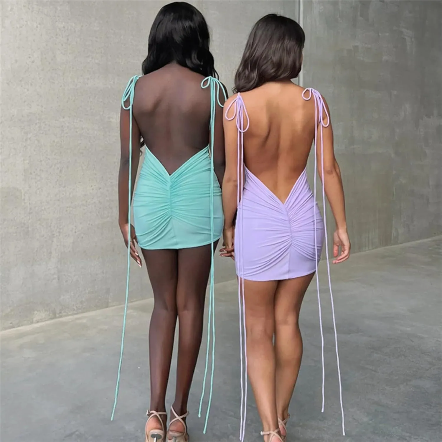 JUMISEE Women Sexy Backless Draped Mini Dress Elegant Sleeveless Spaghetti Strap Bodycon Evening Dress Club Party Dress