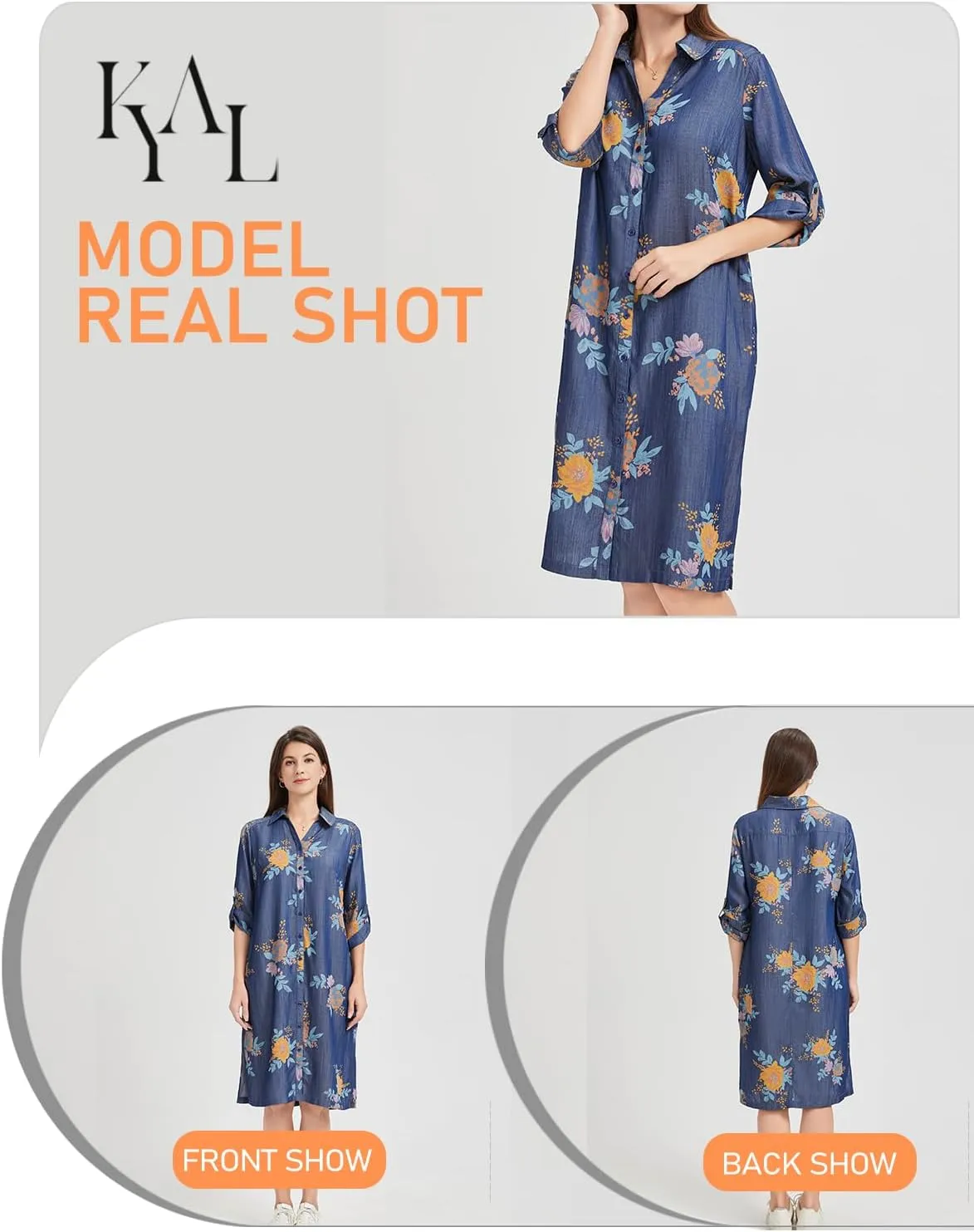 KYAL Women's Summer Denim Shirt Dress Printed Button Down Short Sleeve Tops Relaxed Fit & Side Pockets