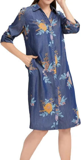 KYAL Women's Summer Denim Shirt Dress Printed Button Down Short Sleeve Tops Relaxed Fit & Side Pockets